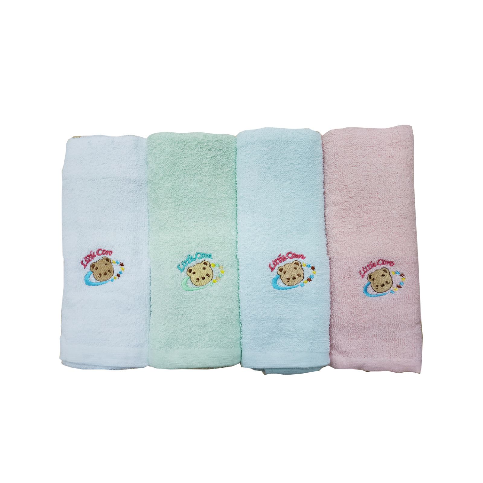 Set of three soft baby towels sold by Pigeon baby online store in pastel blue, green, and pink, each embroidered with the 'Little One' logo featuring a cute cookie character, on a white background.