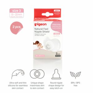 Pigeon Natural Feel Nipple Shield pads with a butterfly design enhance skin-to-skin contact between mother and baby.