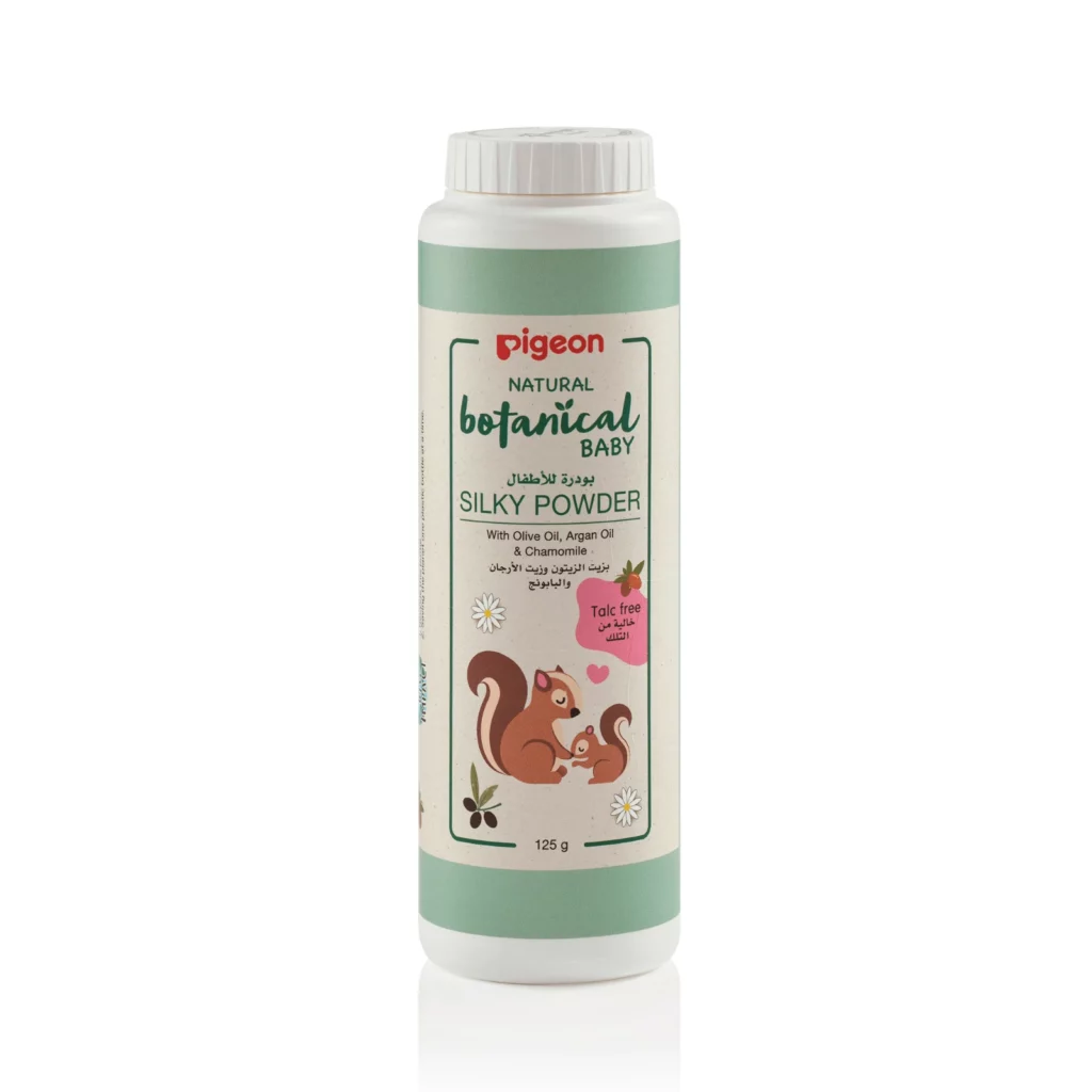 Pigeon Natural Botanical Baby Silky Powder with olive oil, argan oil, and chamomile, a talc-free baby skincare product for gentle protection.