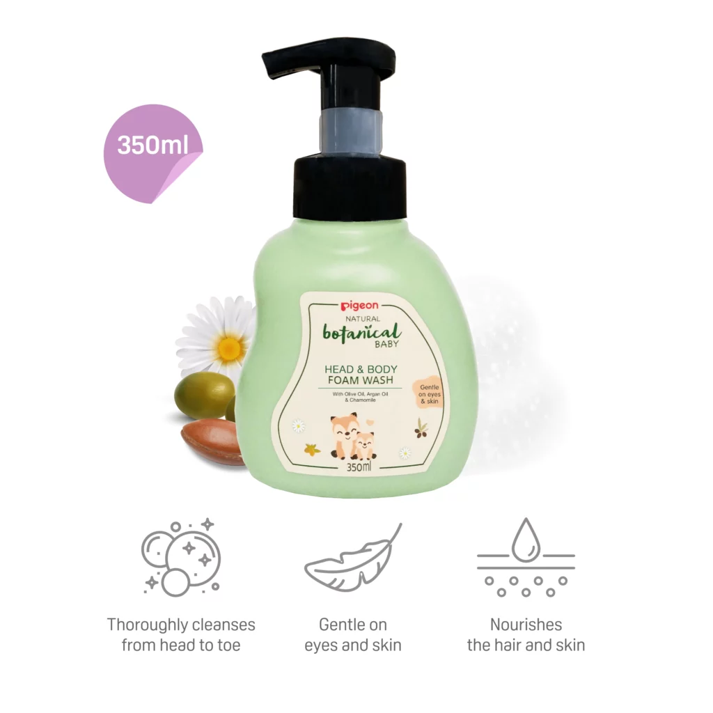 Pigeon Head & Body Foam Wash, a nourishing and gentle baby skincare product enriched with olive oil, argan oil, and chamomile.