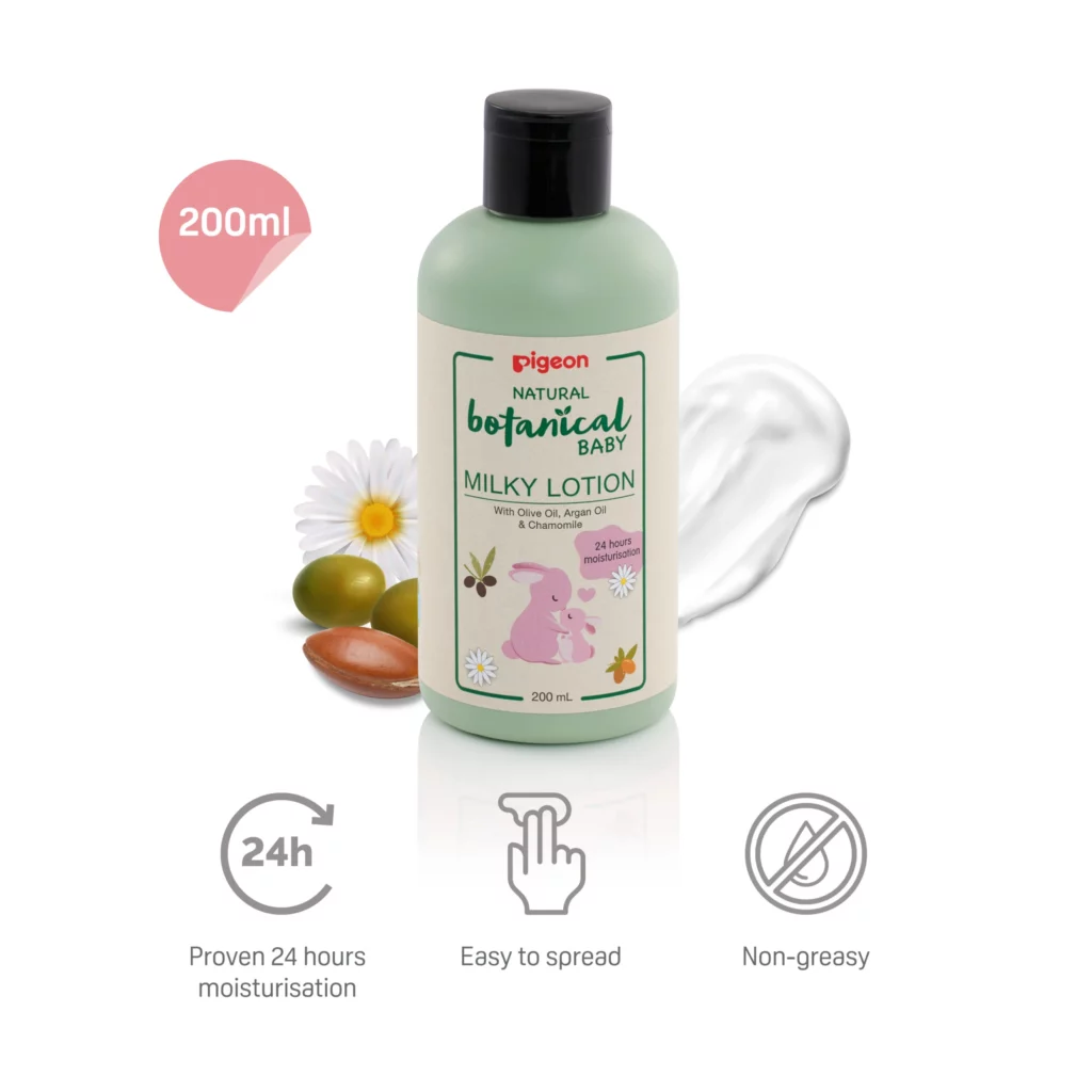 Pigeon Natural Botanical Baby Milky Lotion, providing 24-hour hydration with olive oil, argan oil, and chamomile for soft and smooth baby skin.