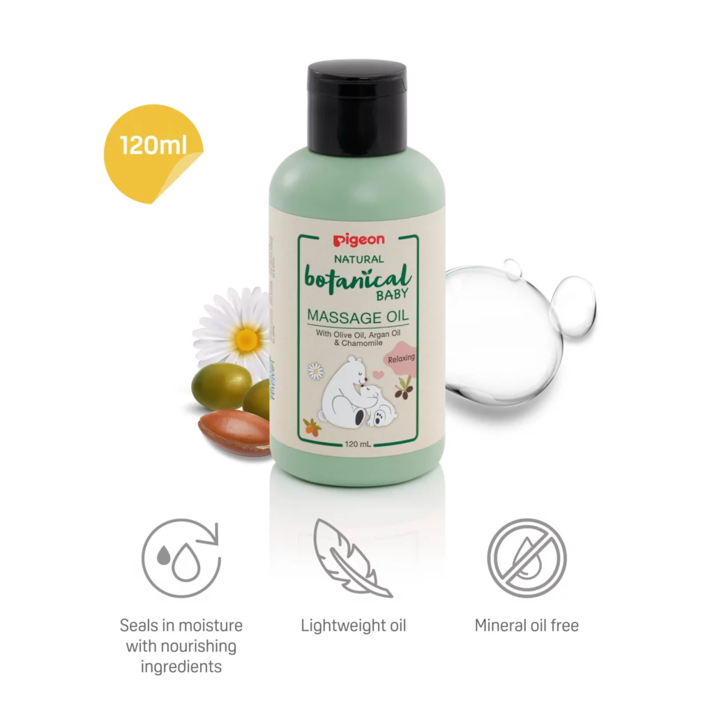 Pigeon Natural Botanical Baby Massage Oil with lightweight, mineral oil-free formula enriched with olive oil, argan oil, and chamomile for baby skincare.