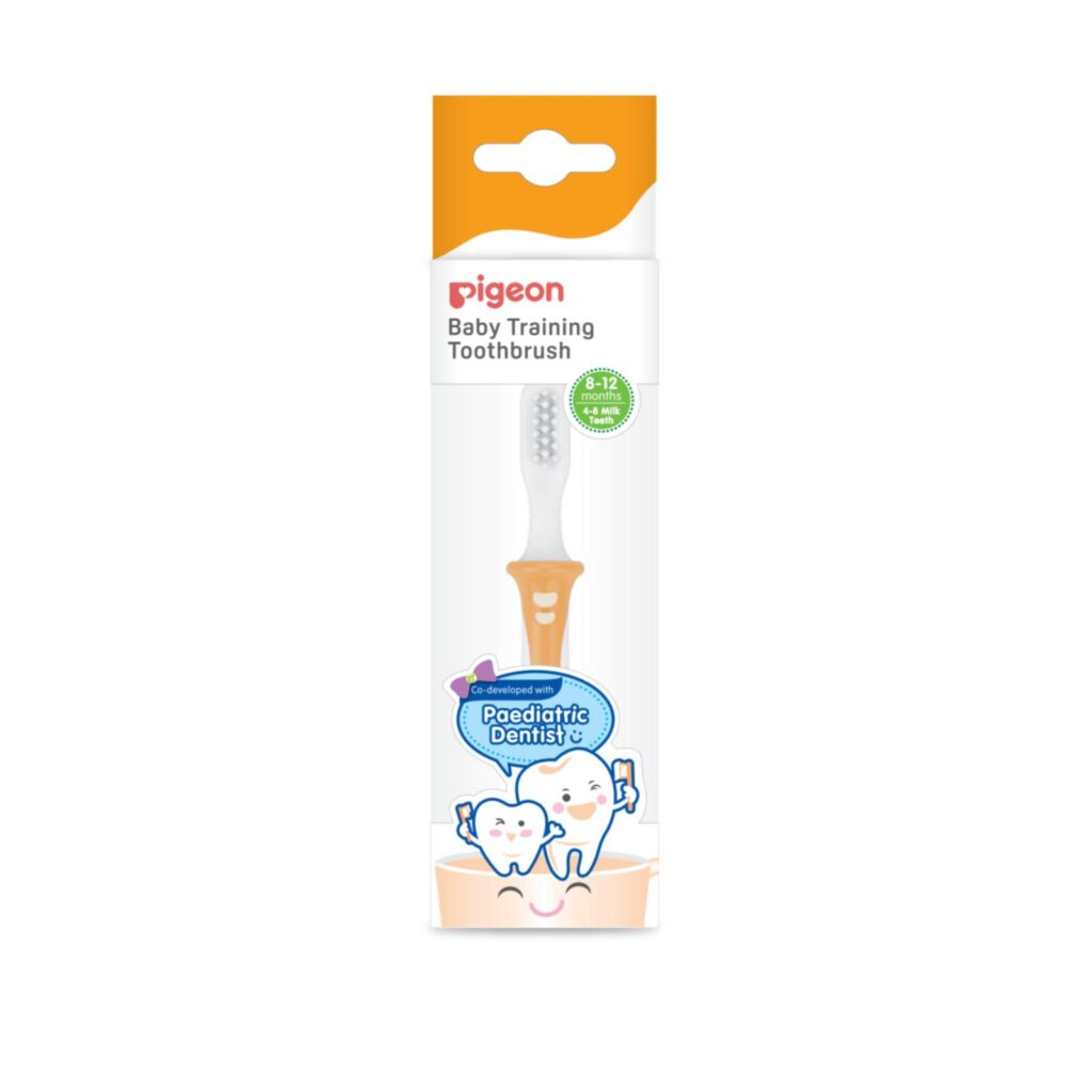 Pigeon Baby Training Toothbrush in orange - designed for babies aged 8 to 12 months to develop oral hygiene habits.