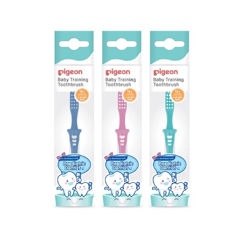 Pigeon Baby Training Toothbrush Set in blue, pink, and teal colours - designed for gentle oral care during early teething stages in Malaysia.