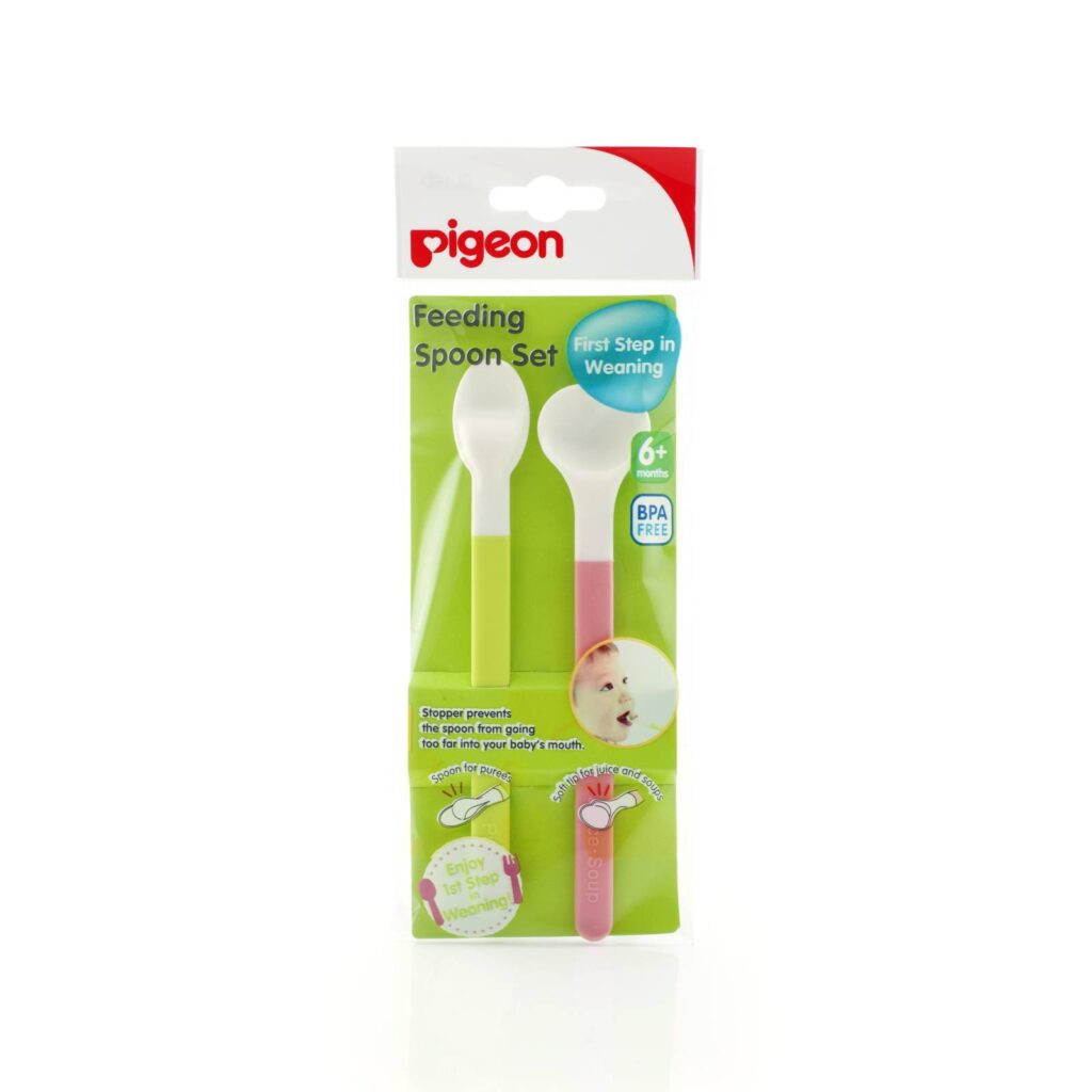 Pigeon Feeding Spoon Set from Malaysia - ergonomically designed for babies aged 6+ months, ideal for first weaning steps.