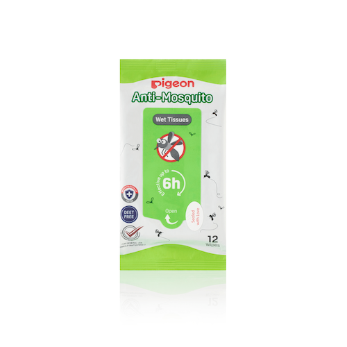 Travel-sized Pigeon Anti-Mosquito Wet Tissues from Malaysia - perfect for keeping babies safe from mosquitoes with up to 6 hours of protection.