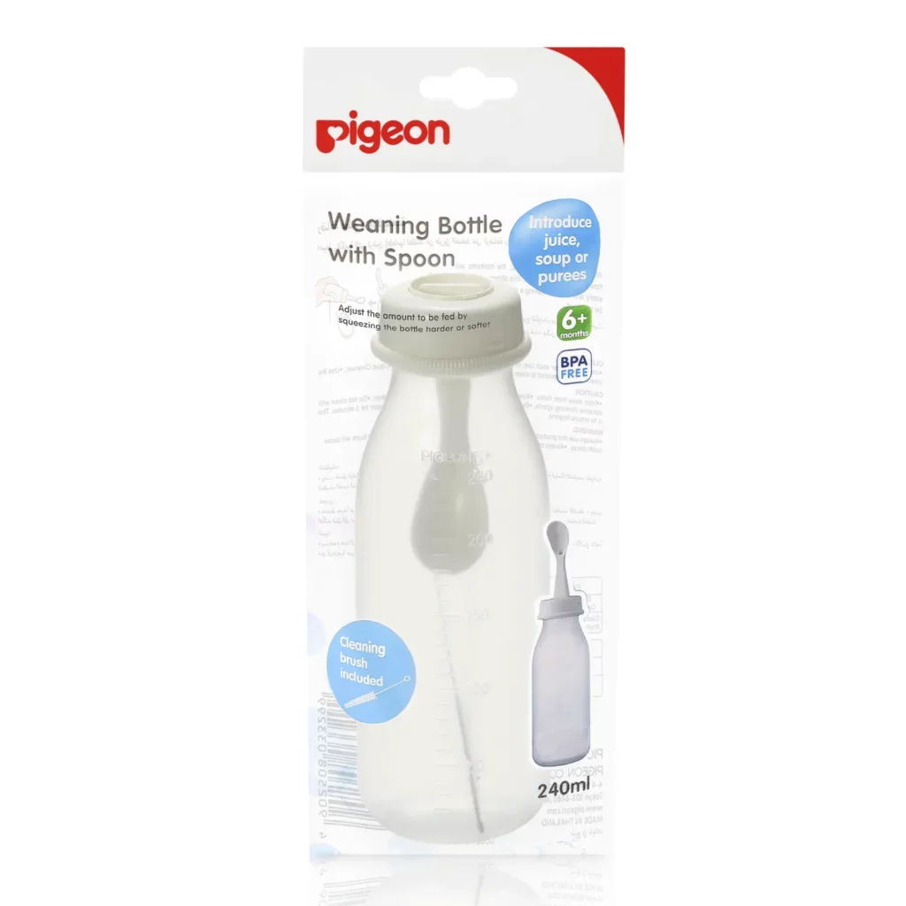 Pigeon Malaysia Weaning Bottle with Spoon - perfect for introducing purees and semi-solids to babies aged 6 months and above.