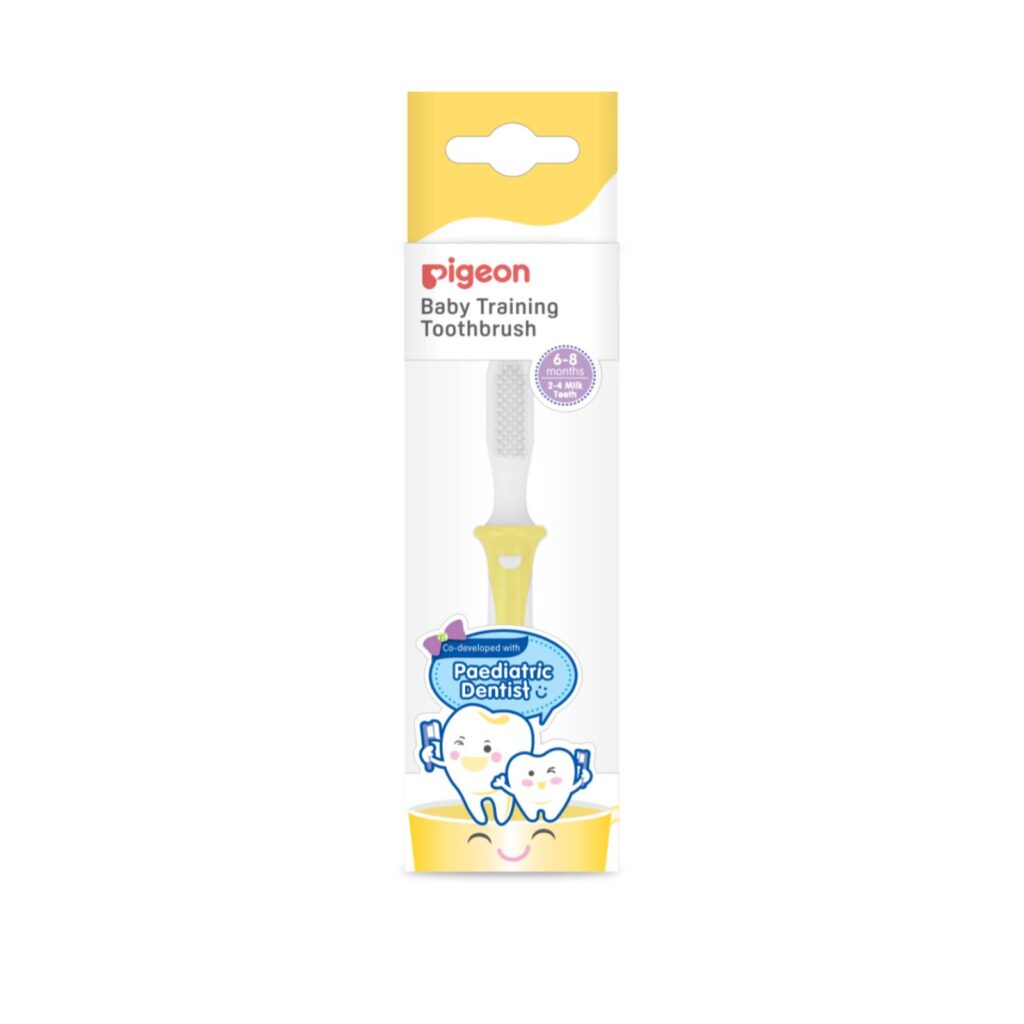 Pigeon Baby Training Toothbrush in yellow packaging - gentle gum massager suitable for infants aged 6 to 8 months in Malaysia.